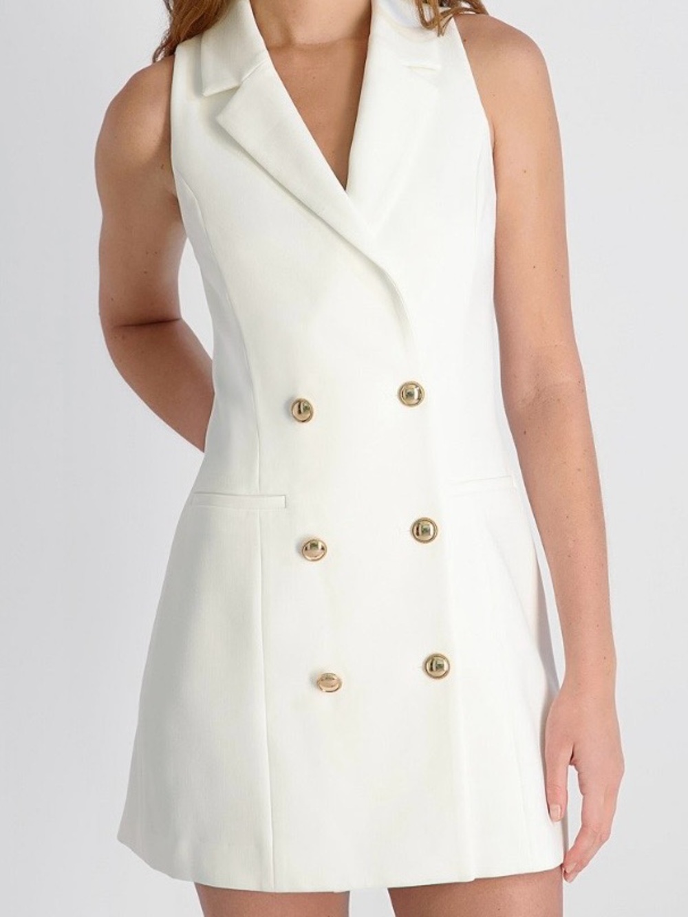French Connection White Sleeveless Double-Breasted Mini Dress with Gold Buttons